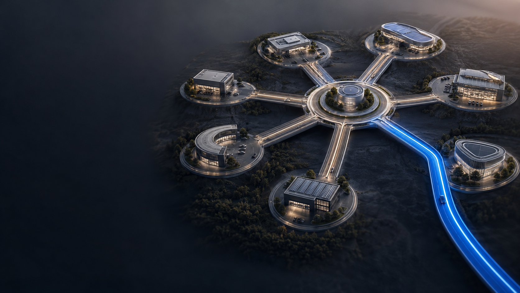 Futuristisches Gebäudekomplex-Design mit kreisförmigen Straßen, inspiriert von ChatGPT, am 23. Juli 2026