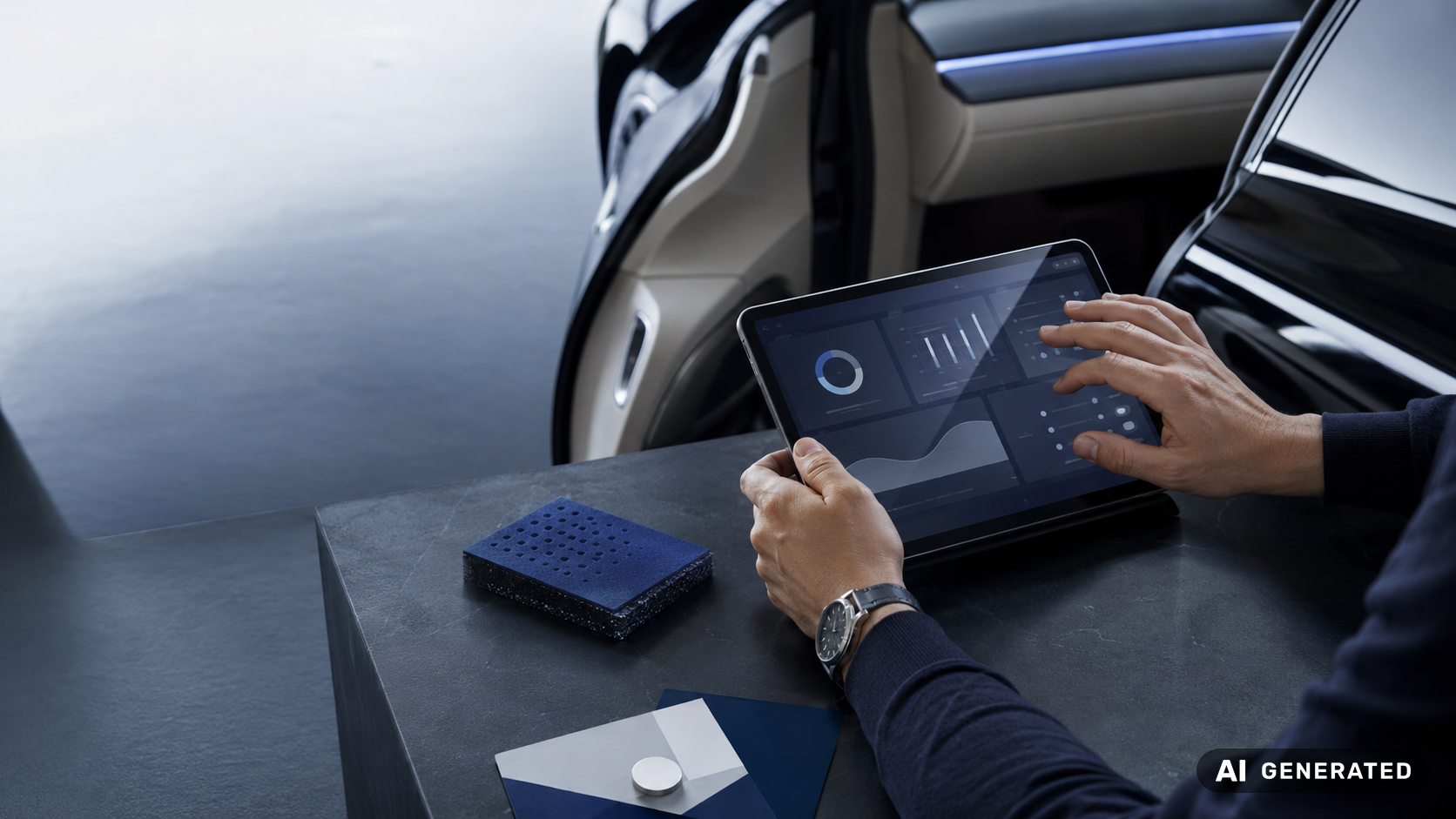 vtn digitale Mobilität EU AI – Person analysiert Daten auf Tablet im Auto-Kontext
