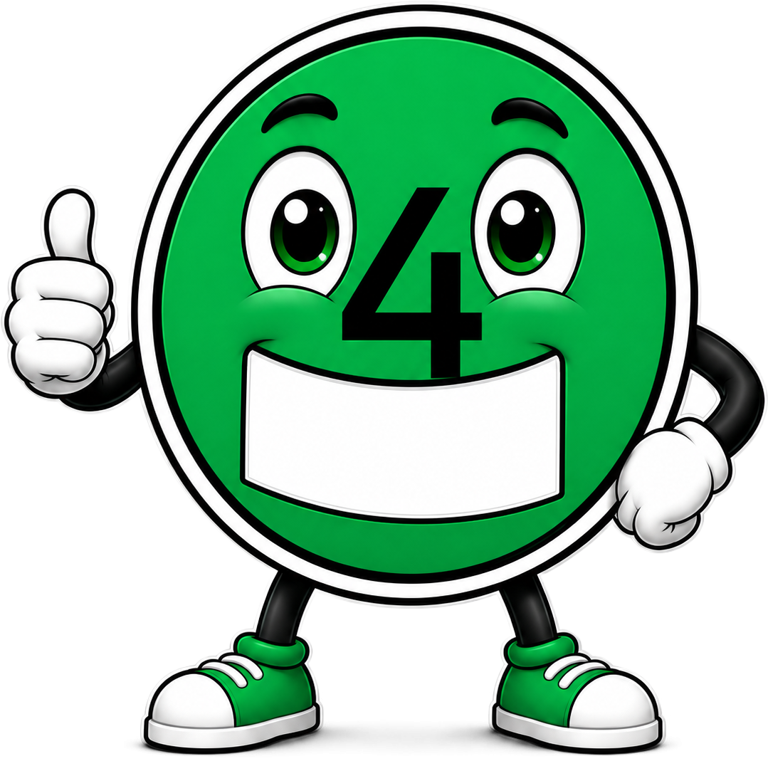 uwe als grüne Plakette mit der Zahl 4, Cartoonfigur mit Daumen hoch