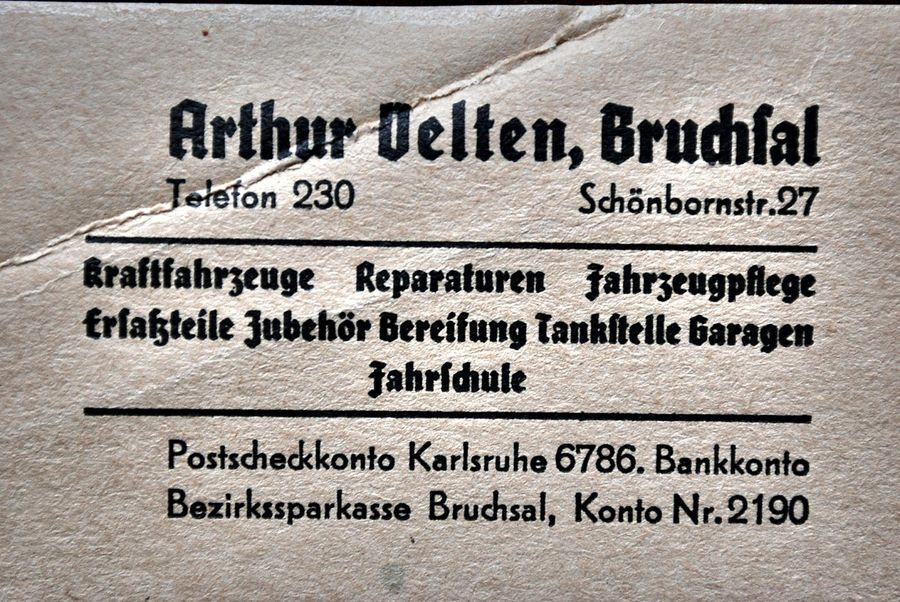 Briefkopf Arthur Velten, Bruchsal, mit Kraftfahrzeugen, Reparaturen, Tankstelle, Garagen und Fahrschule