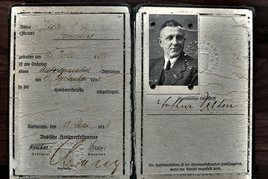 Handwerkskarte von Arthur Velten, eingetragen am 15. September 1930 bei der Badischen Handwerkskammer