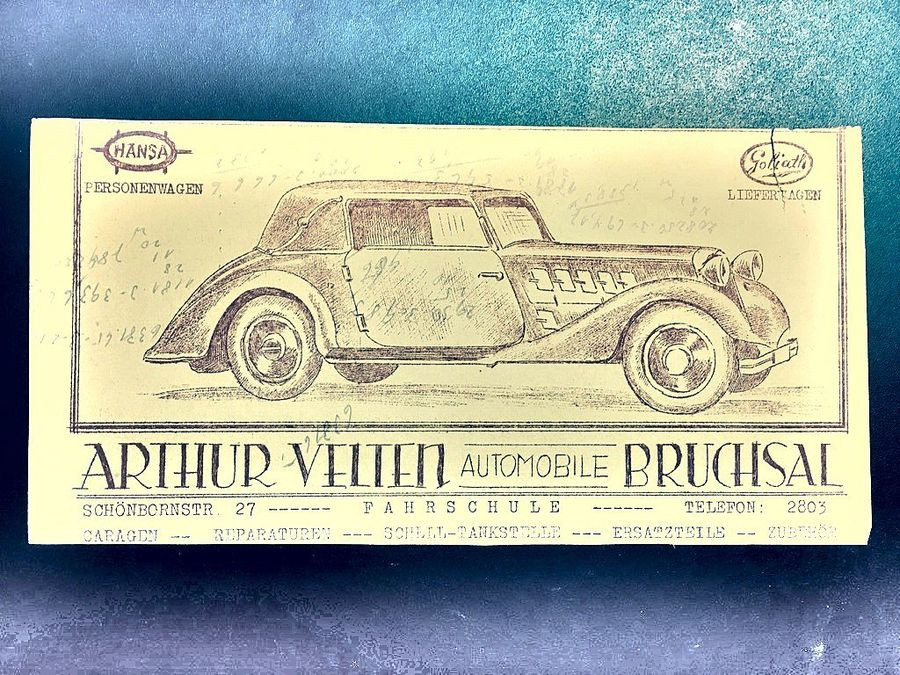Briefkopf Arthur Velten Automobile Bruchsal mit den Marken Hansa Personenwagen und Goliath Lieferwagen