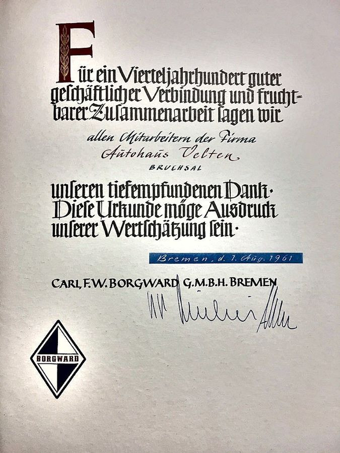 Dankurkunde von Carl F. W. Borgward, Bremen, 1961, f&uuml;r ein Vierteljahrhundert Zusammenarbeit mit dem Autohaus Velten