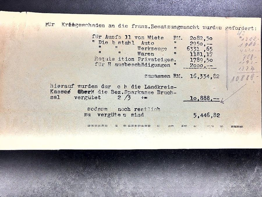 Aufstellung der Kriegsschadenforderung an die französische Besatzungsmacht über 16.334,82 Reichsmark