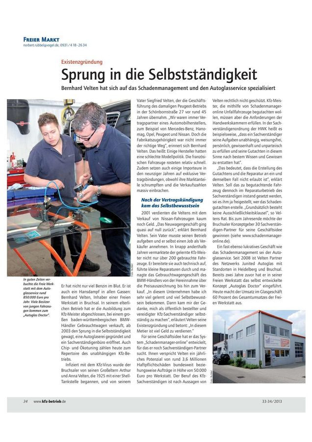 Bericht der Fachzeitschrift kfz-betrieb über Bernhard Velten und die Markenhistorie des Betriebs