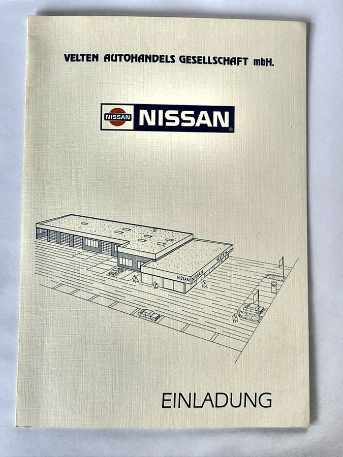 Einladung der Velten Autohandels Gesellschaft mbH mit Nissan-Logo und Zeichnung des Betriebs