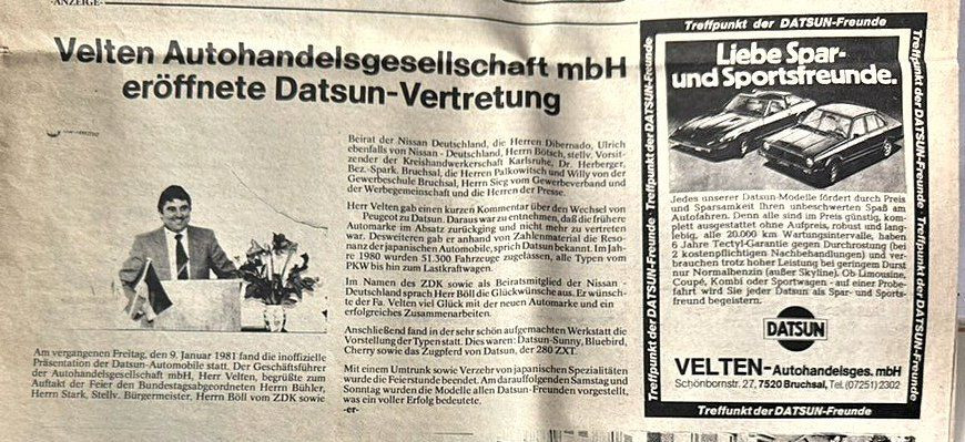 Zeitungsbericht: Velten Autohandelsgesellschaft mbH er&ouml;ffnete am 9. Januar 1981 die Datsun-Vertretung