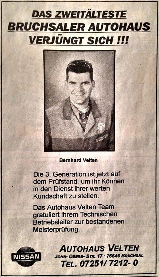 Betriebsanzeige 1998: Das zweitälteste Bruchsaler Autohaus verjüngt sich, mit Porträt von Bernhard Velten
