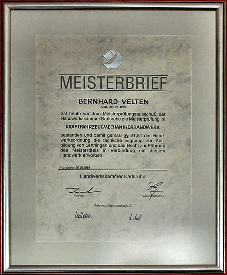 Gerahmter Meisterbrief von Bernhard Velten im Büro