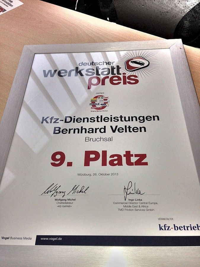 Urkunde Deutscher Werkstattpreis 2013, 9. Platz