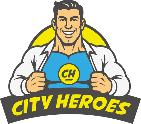 Das City-Heroes-Logo: ein Handwerker in Arbeitskleidung, der darunter das City-Heroes-Zeichen tr&auml;gt