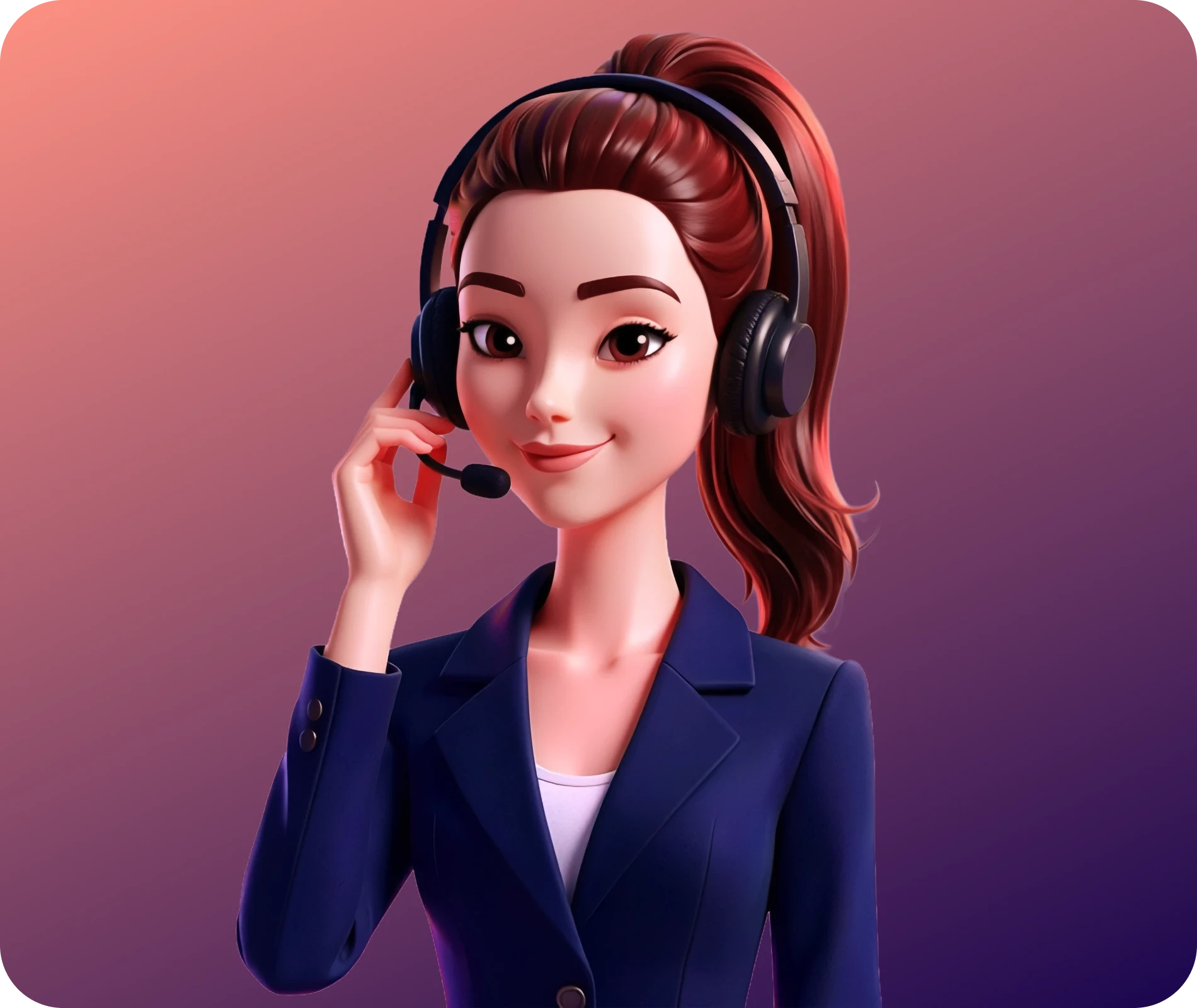 Lisa Avatar Contentbild Mobile – weiblicher Avatar mit Headset und Anzug vor farbigem Hintergrund