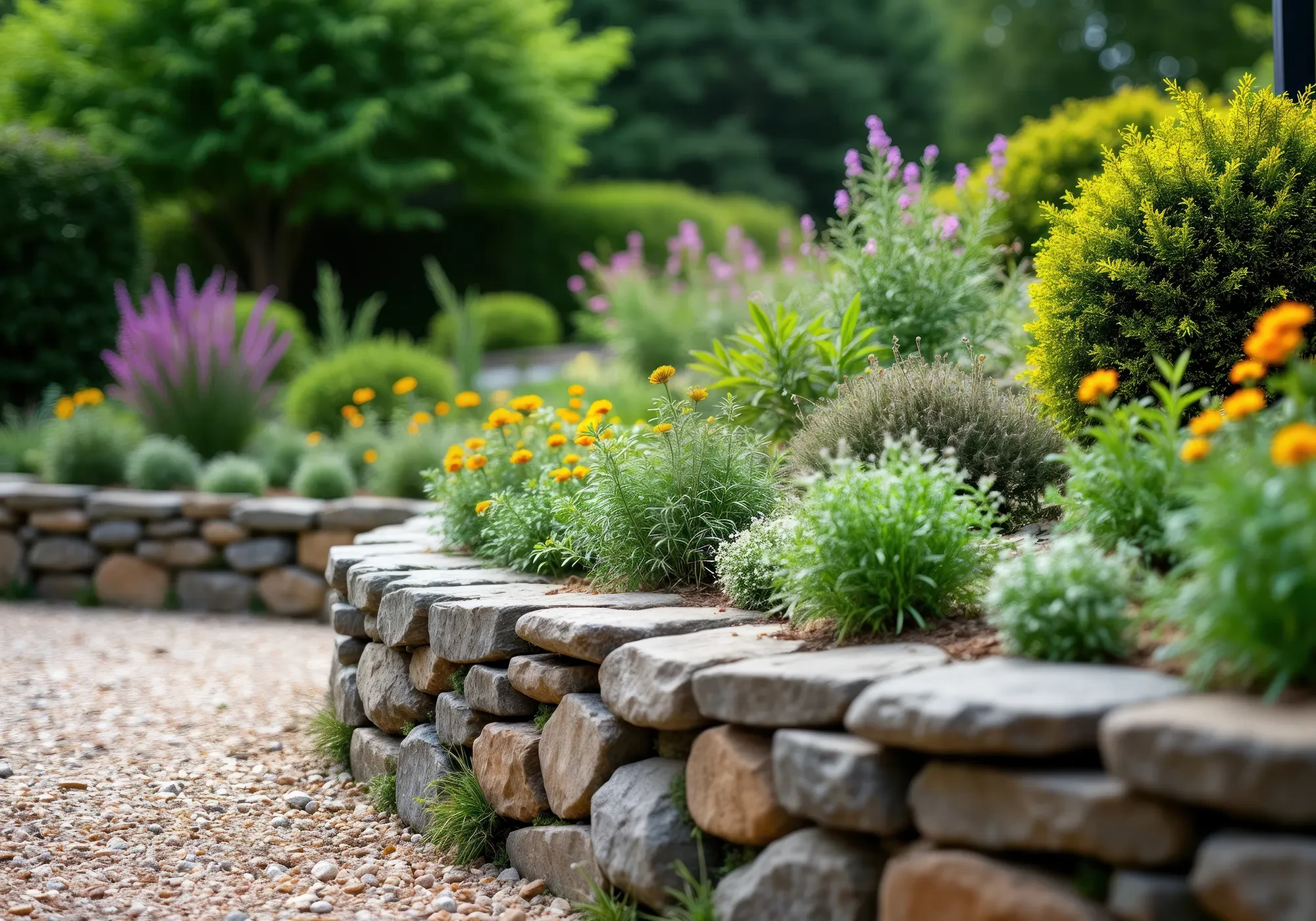 Moderne Gartengestaltung mit Natursteinmauer und blühenden Stauden im Vordergrund