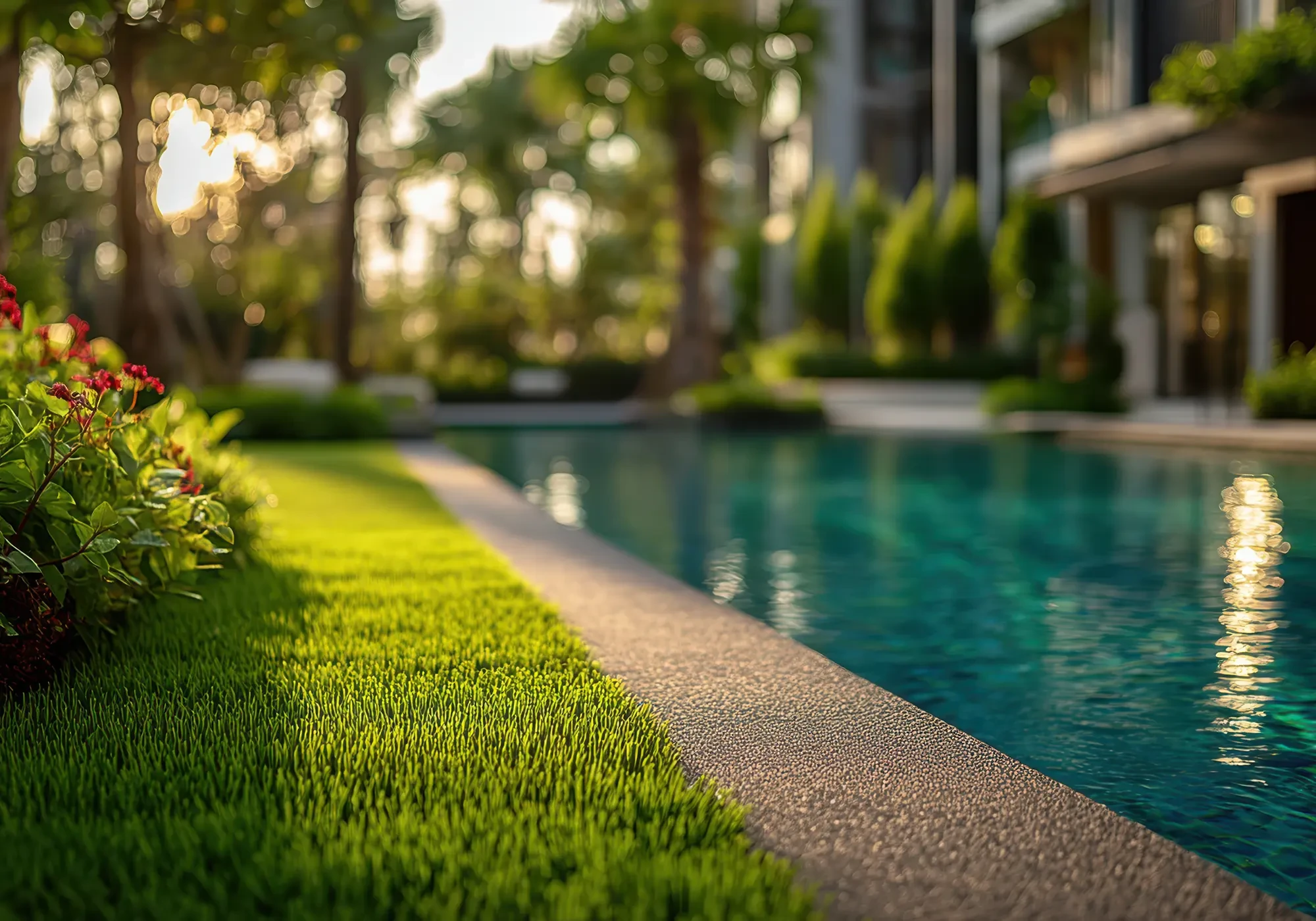Moderner Pool mit gepflegtem Garten im Sonnenlicht
