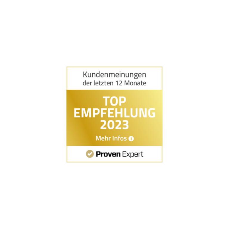 Proven Expert Top Empfehlung 2023 Auszeichnung basierend auf Kundenmeinungen der letzten 12 Monate