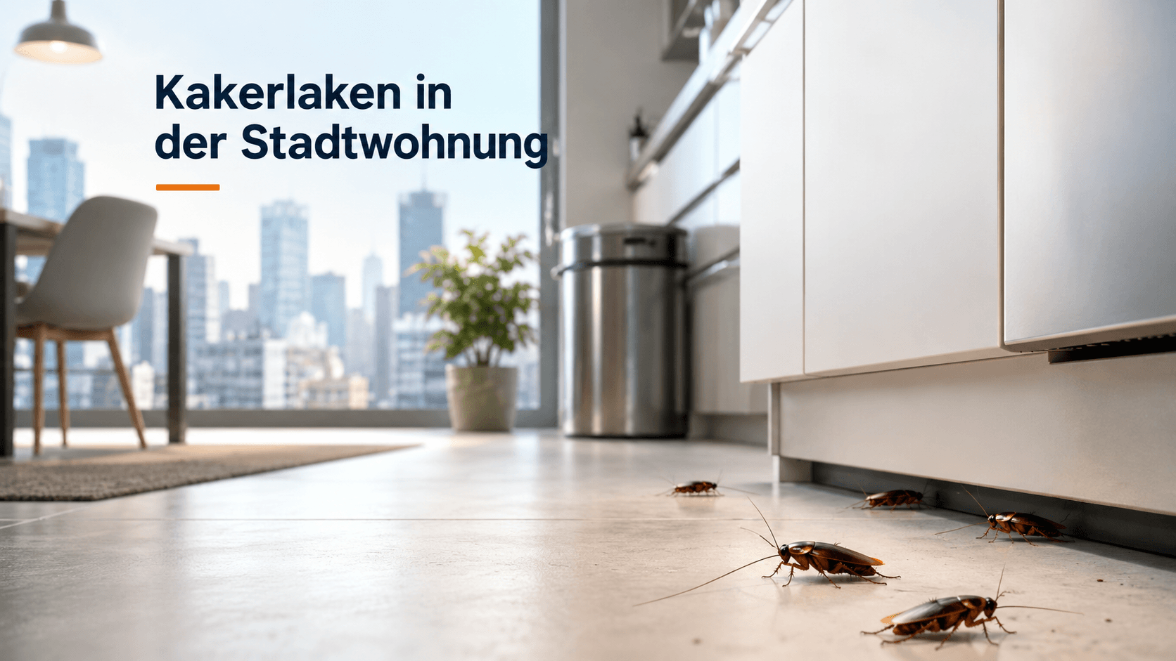 Kakerlaken in moderner Stadtwohnung auf dem Kcchenboden vor Mlltonne und Fenster mit Skyline
