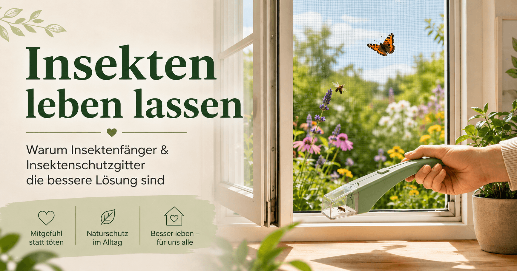 Offenes Fenster mit Insektenschutz, Schmetterlingen und Insektenfänger – Insekten leben lassen
