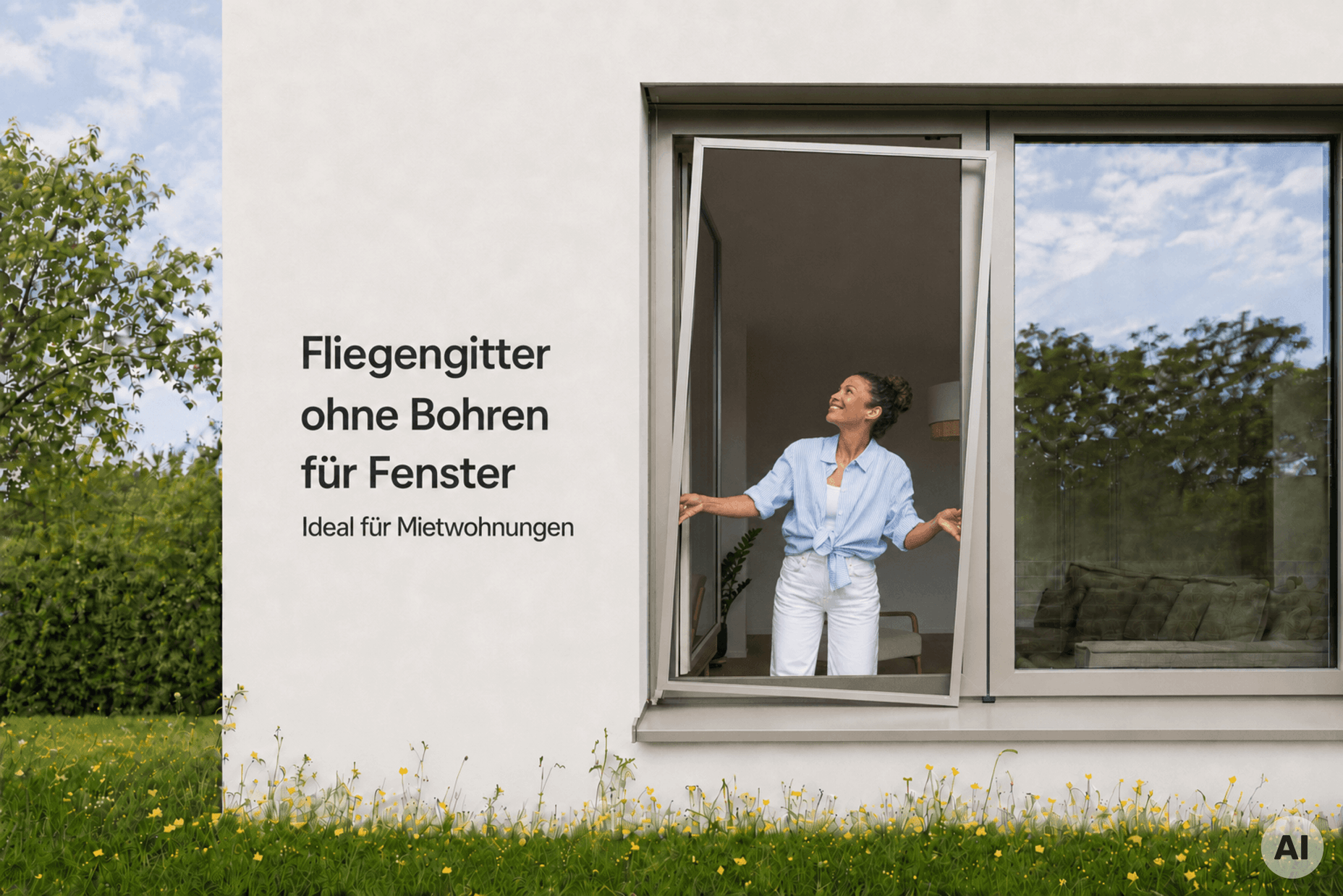 Fliegengitter ohne Bohren für Fenster – ideal für Mietwohnungen, Frau montiert Insektenschutz am Fenster