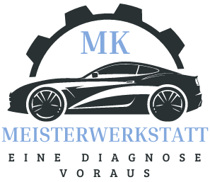 MK Meisterwerkstatt Logo mit stilisiertem Auto und Zahnrad