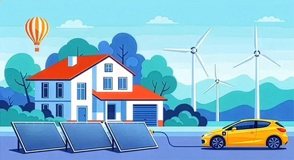 Illustration von Solartechnik ohne Zellraster: Solarpanels vor einem Haus, Windräder im Hintergrund, Elektroauto wird geladen