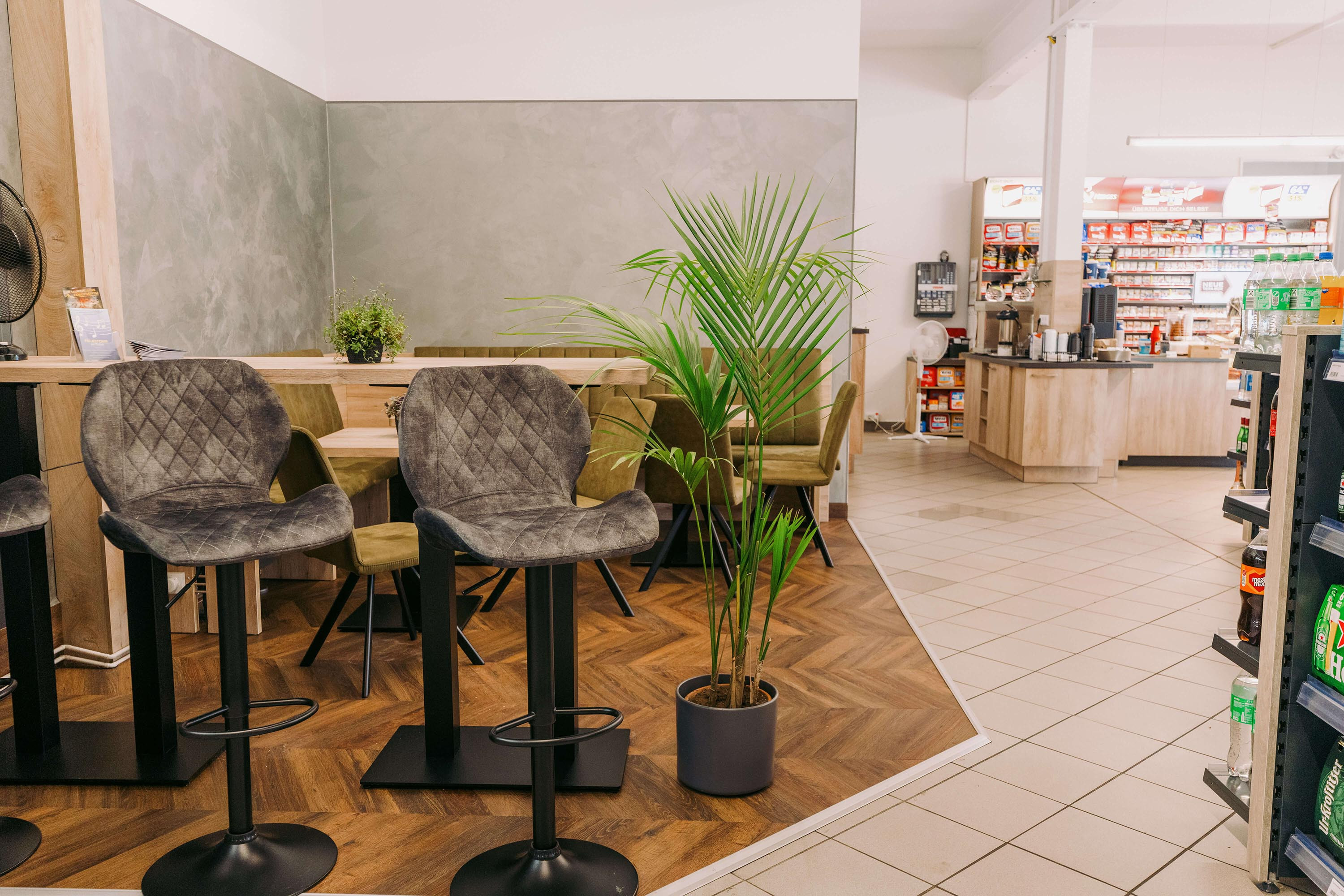 Modernes Café-Interieur mit Barhockern, Holztischen und Zimmerpflanze