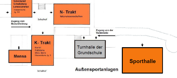 Lageplan der alten SGG in Bingen mit Turnhalle der Grundschule und N-Trakt Naturwissenschaften