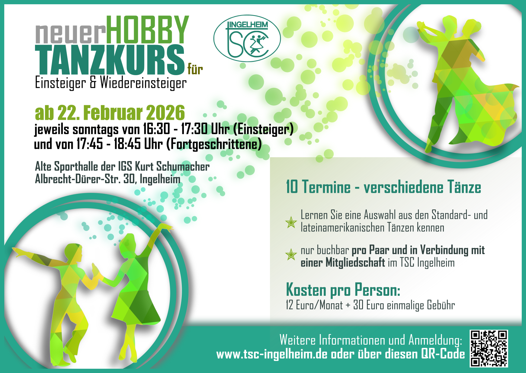 Flyer zum Hobbytanzkurs im Februar 2026 für Einsteiger und Fortgeschrittene beim TSC Ingelheim in der IGS Kurt Schumacher, Ingelheim.