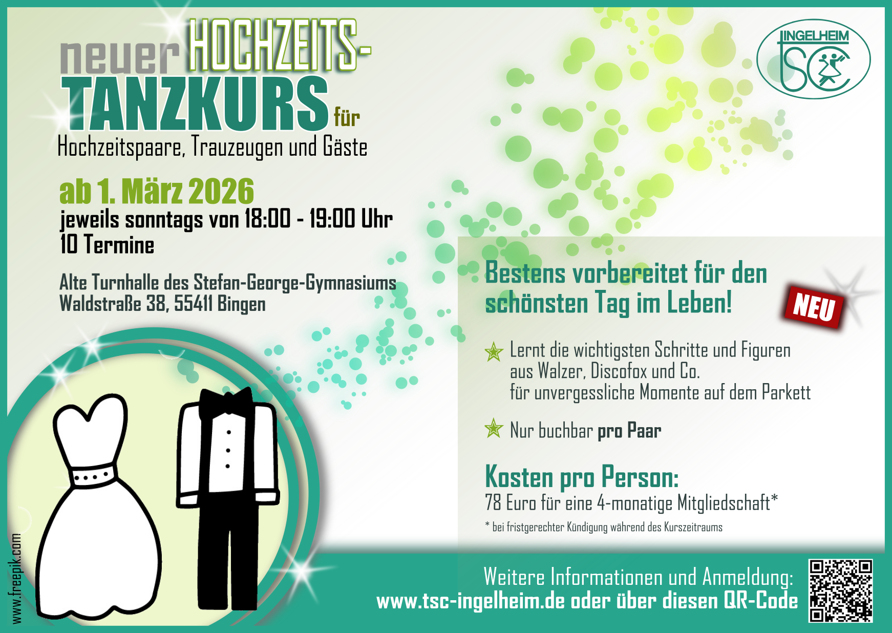 Werbegrafik für den Hochzeitstanzkurs im März 2026 in Bingen, angeboten vom TSC Ingelheim, mit Informationen zu Kurszeiten und Anmeldung.