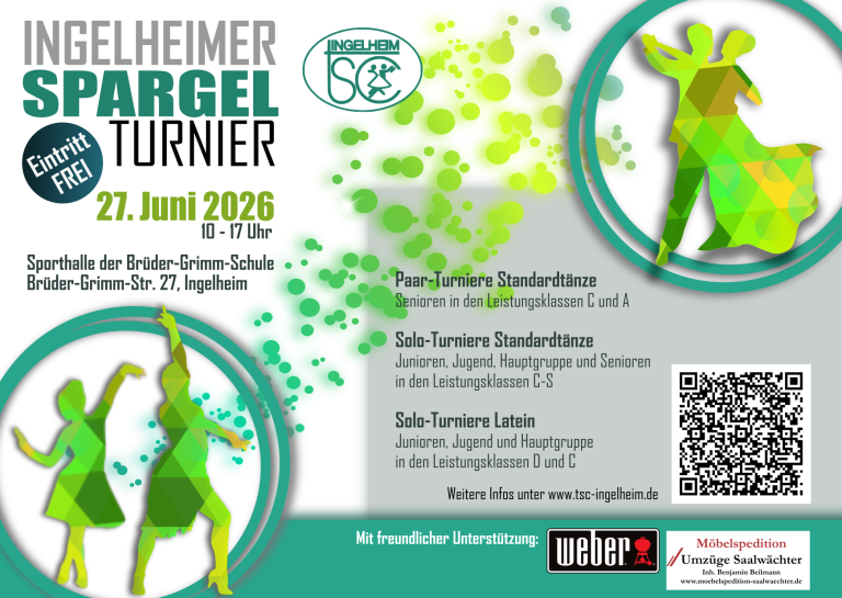 Spargelturnier 2026 in Ingelheim – Tanzturnier für Standard und Latein am 7. Juni 2026 Plakat zum Spargelturnier 2026 in Ingelheim mit Informationen zu Standard- und Lateintanzturnieren am 7. Juni 2026 in der Brüder-Grimm-Schule