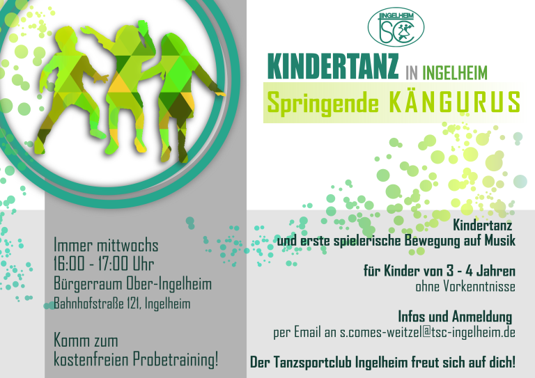 Flyer für Kindertanz in Ingelheim mit dem Motto 'Springende Kängurus', Veranstaltung des Tanzsportclubs Ingelheim