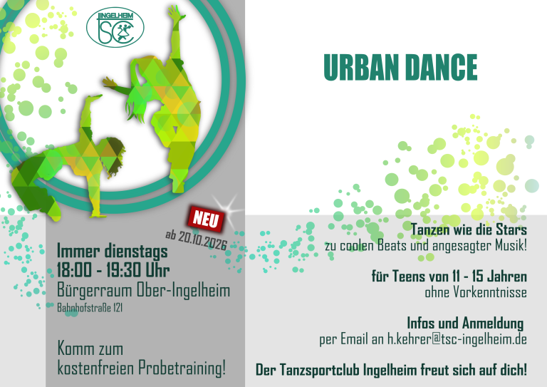 Flyer Urban Dance Kursangebot des Tanzsportclub Ingelheim für Teens im Bürgerraum Ober-Ingelheim