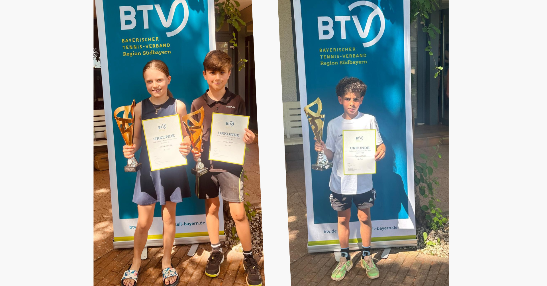 Sieger und Siegerin der Südbayerischen Meisterschaft U11 des Bayerischen Tennis-Verbands mit Pokal und Urkunde