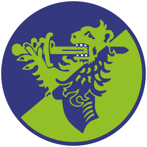 Logo mit Löwen und Schwert – blau-grünes Wappen Wappen mit stilisiertem Löwen und Schwert in Blau und Grün