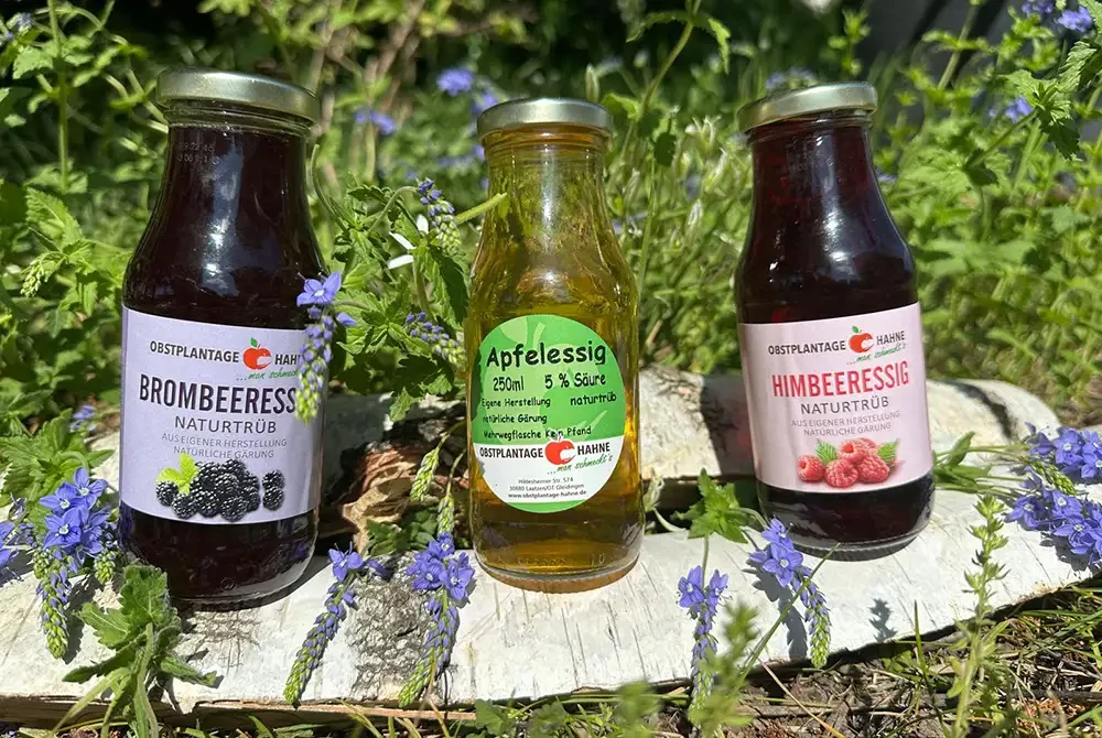 Essigsorten von Obstplantage Hahne: Apfelessig, Himbeeressig und Brombeeressig im Grünen