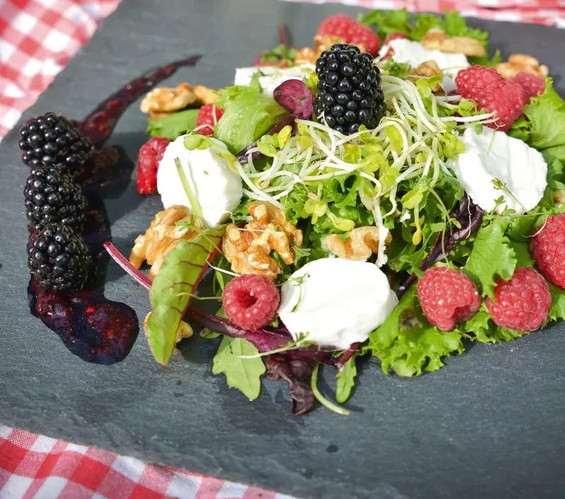 Beeren-Salat mit Himbeeren, Brombeeren, Walnüssen und Ziegenkäse Frischer Beeren-Salat mit Himbeeren, Brombeeren, Walnüssen und Ziegenkäse auf einem Schiefer-Teller