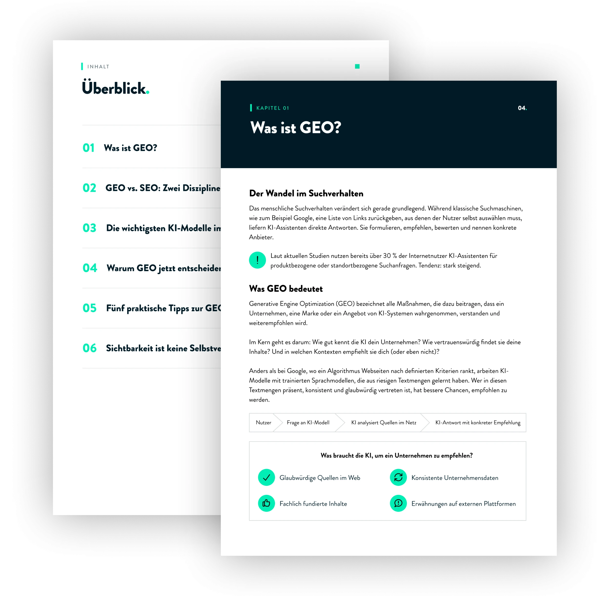 Whitepaper Teaser mit Inhaltsverzeichnis und Kapitelübersicht zum Thema Generative Engine Optimization (GEO) und SEO