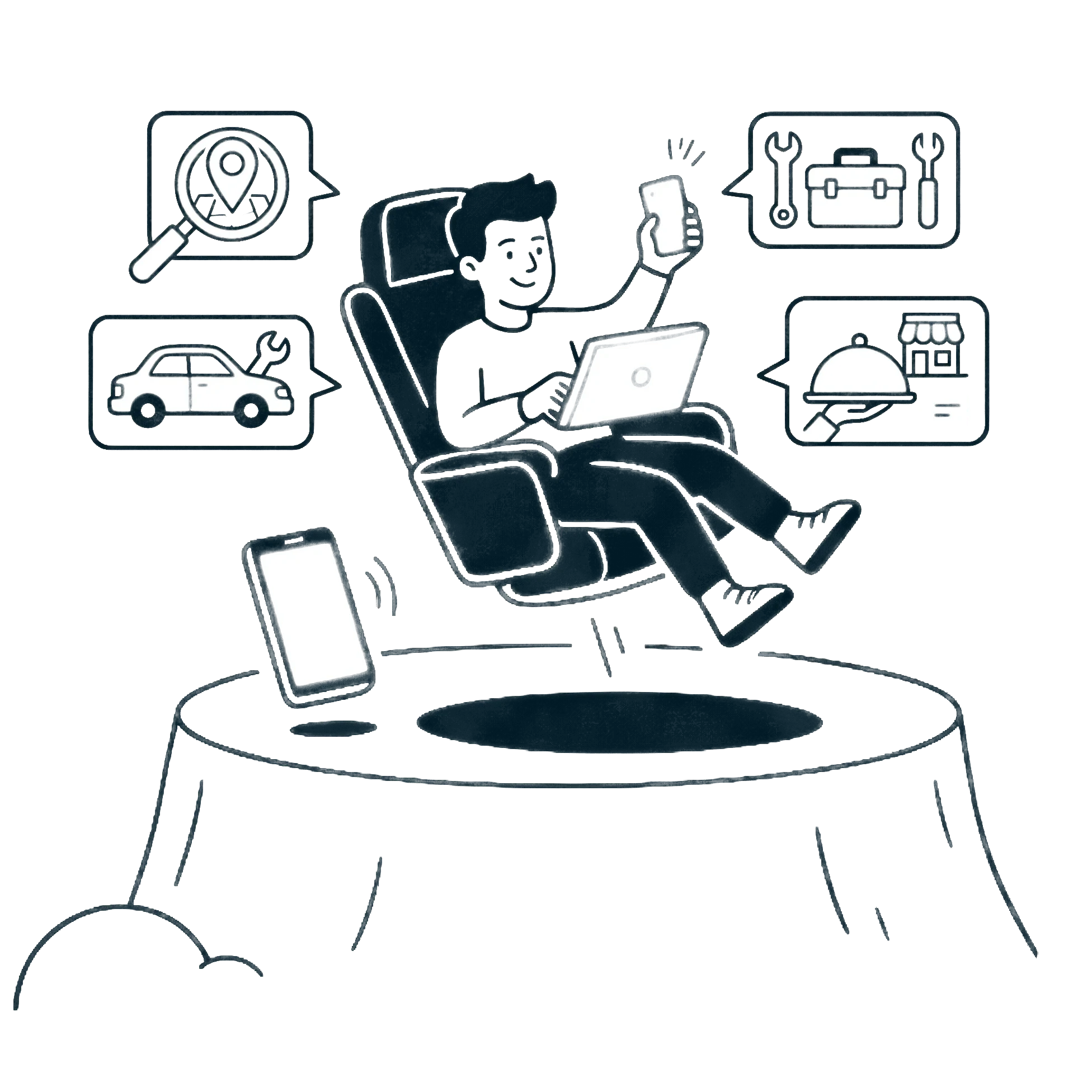 Illustration einer Person mit Laptop und Smartphone, die verschiedene Online-Dienstleistungen wie Autoservice, Standortsuche und Essensbestellung nutzt.