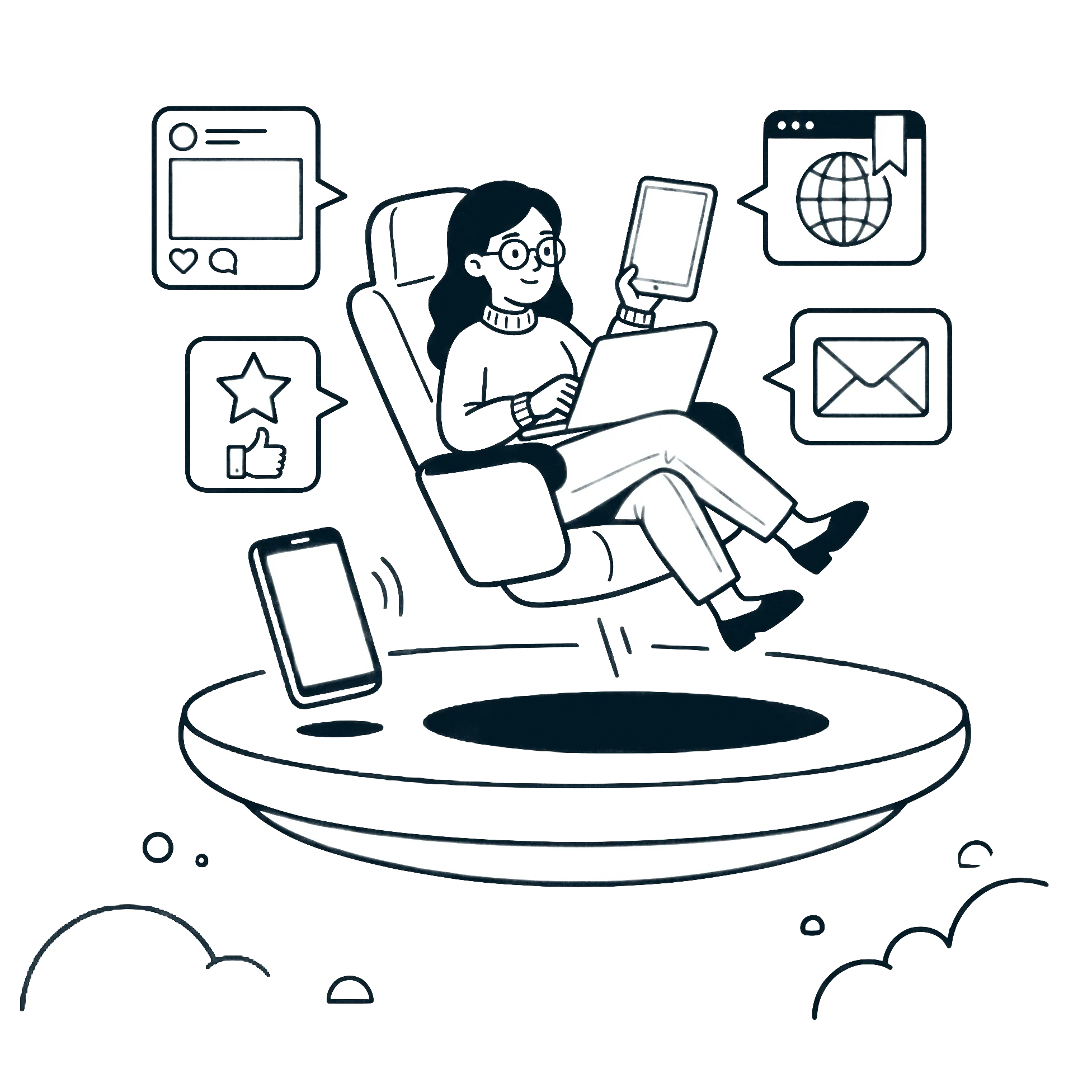 Illustration einer Person mit Laptop und Smartphone, umgeben von Social Media, E-Mail und Internet Symbolen, gemini-generated-image-n1oygcn1oygcn1oy