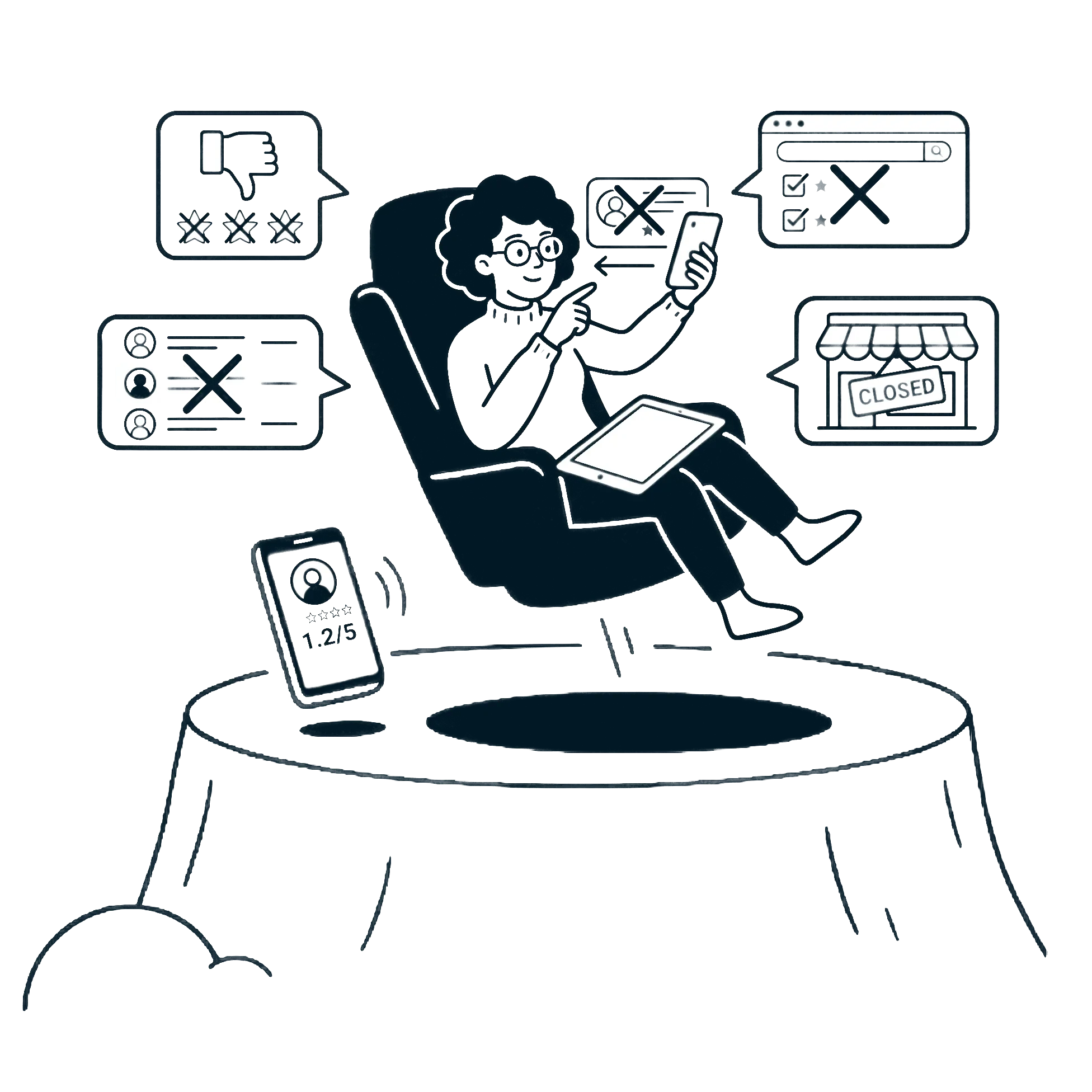 Illustration einer Person, die negative Online-Bewertungen und abgelehnte Profile auf digitalen Geräten betrachtet