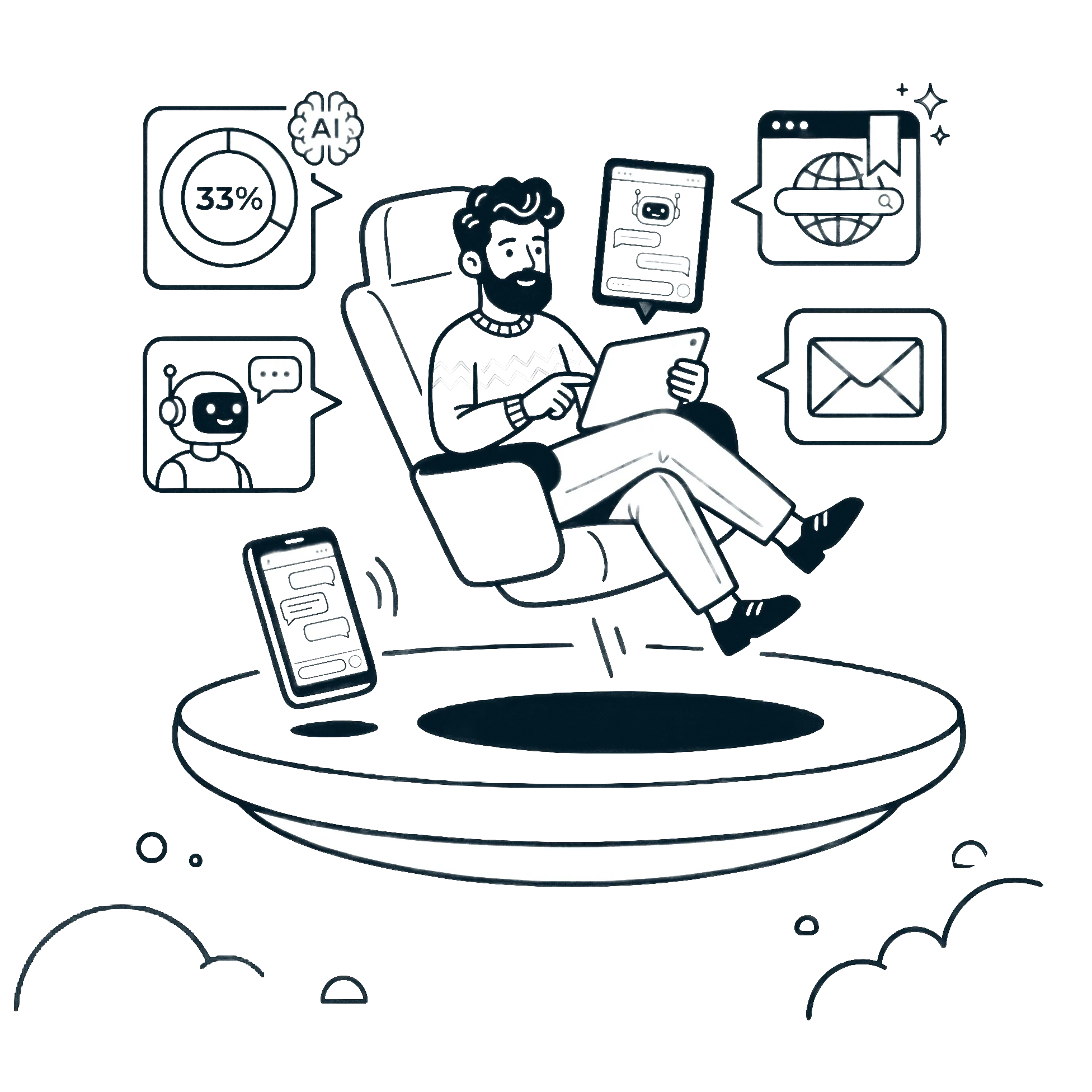 Illustration einer Person mit Tablet, umgeben von KI- und Chatbot-Symbolen, generiert mit Gemini KI