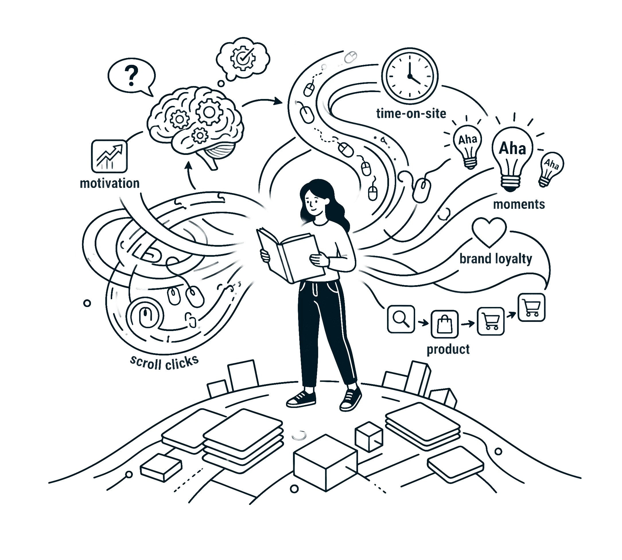 Visualisierung von Nutzerverhalten und Motivation im Online-Marketing mit Symbolen für Zeit, Scroll-Klicks, Produkt und Markenbindung