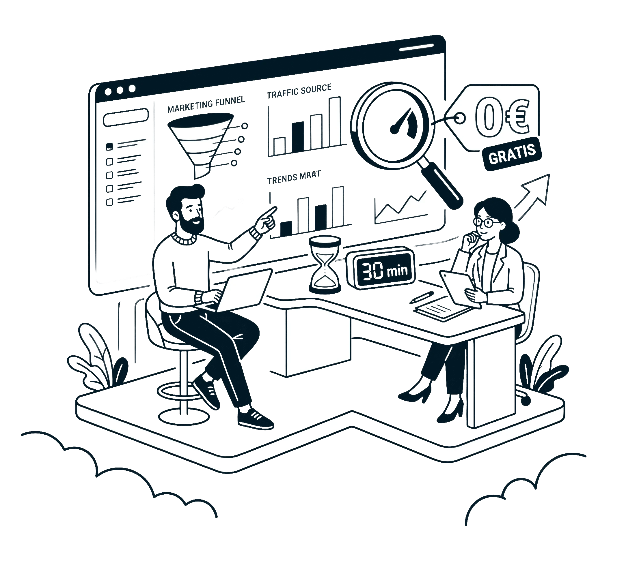 Zwei Personen analysieren Marketing-Funnel und Traffic-Quellen am Laptop, Lupe mit 0€ Gratis-Angebot, Uhr mit 30 Minuten.