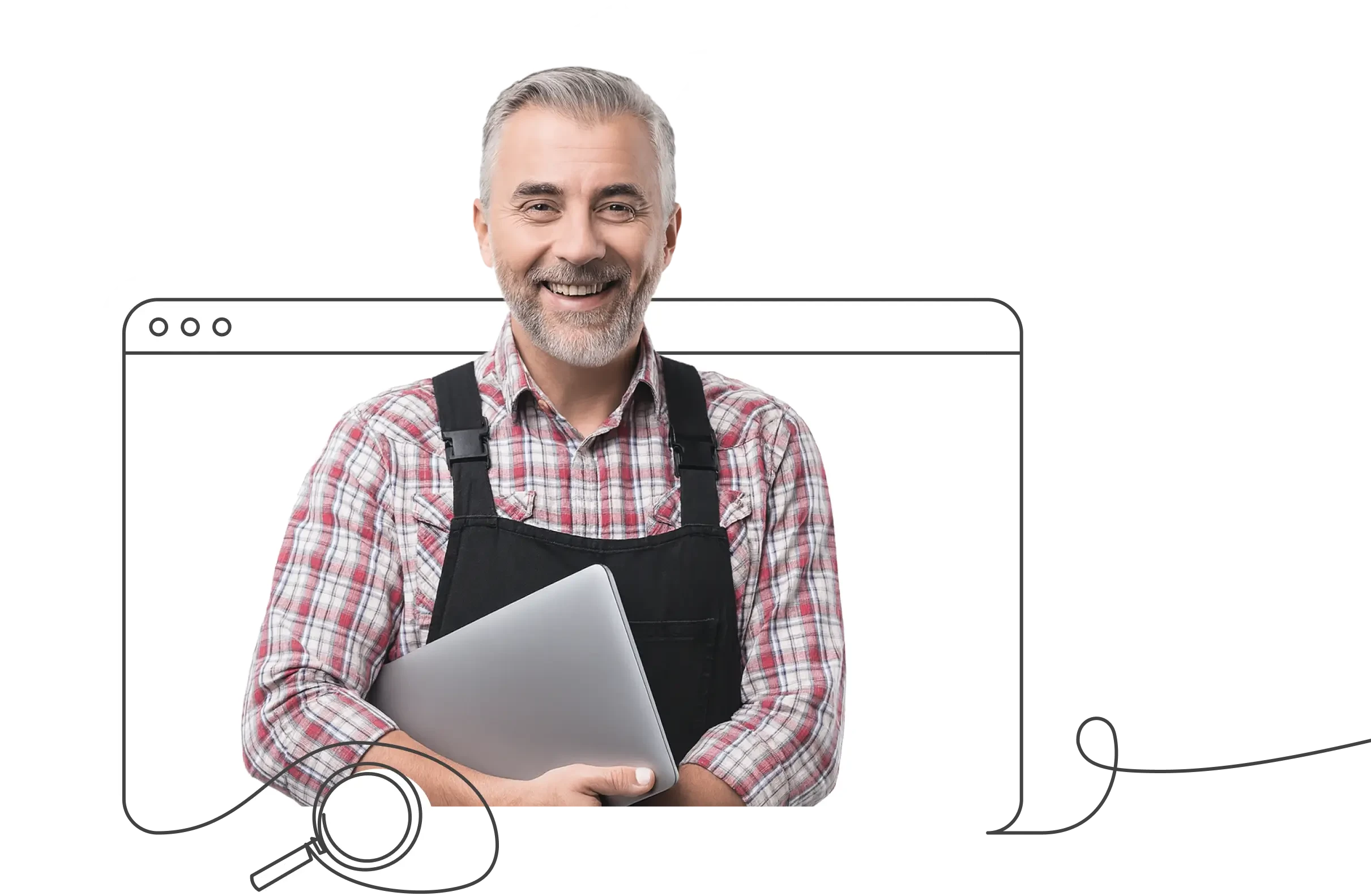 Header-Bild 1: Handwerker mit Laptop vor weißem Hintergrund, Desktop-Version