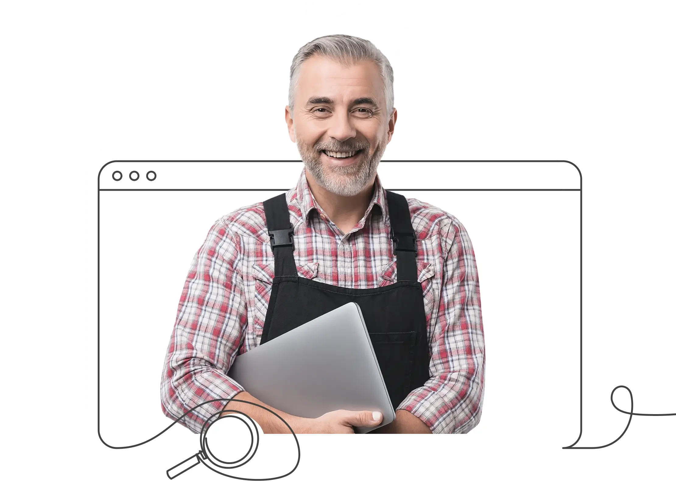 Header-Bild für mobile Ansicht: Handwerker mit Laptop in Latzhose vor weißem Hintergrund