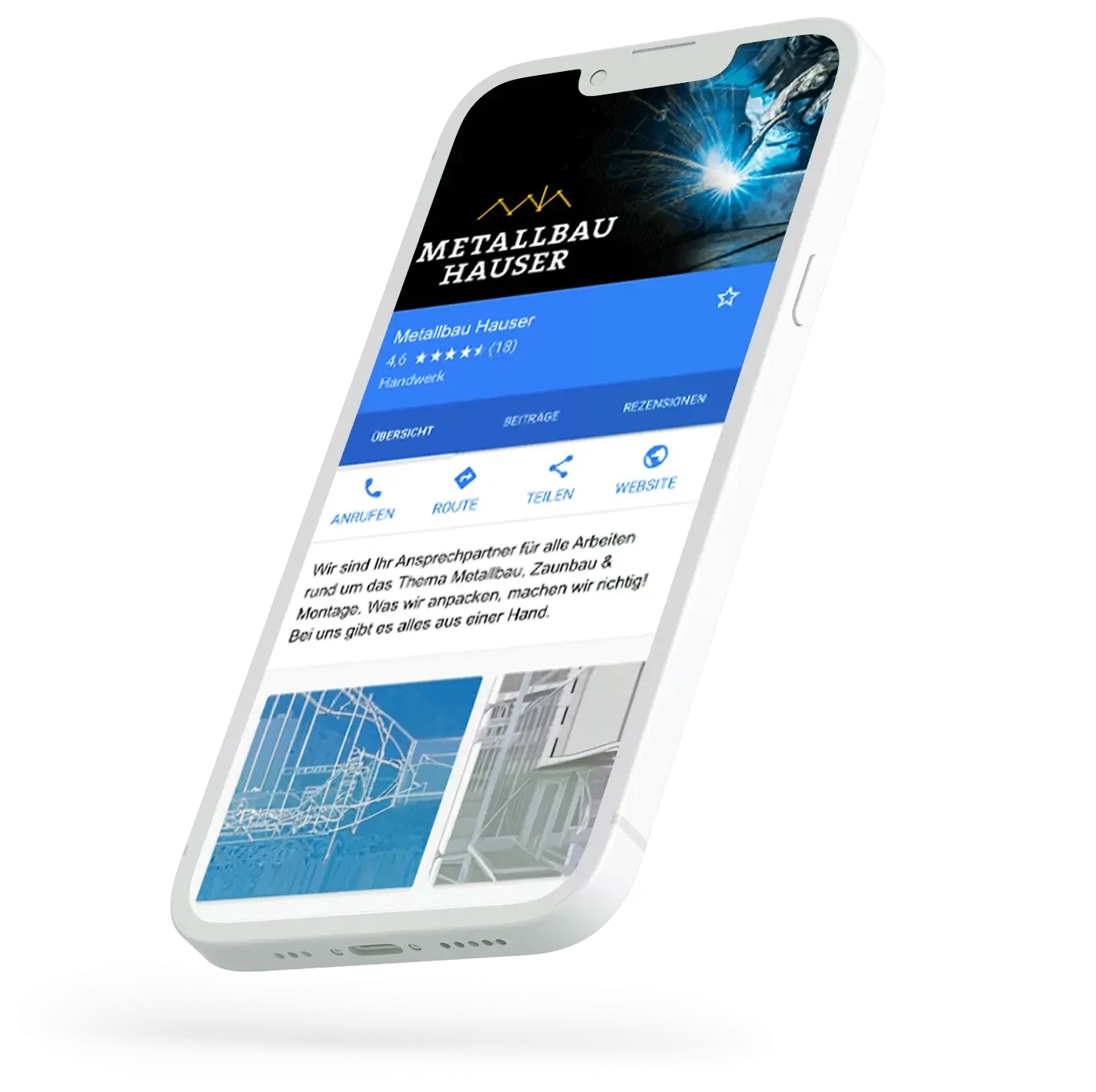 Smartphone mit Google My Business Profil von Metallbau Hauser, Handwerksbetrieb fr Metallbau, Zaunbau und Montage.