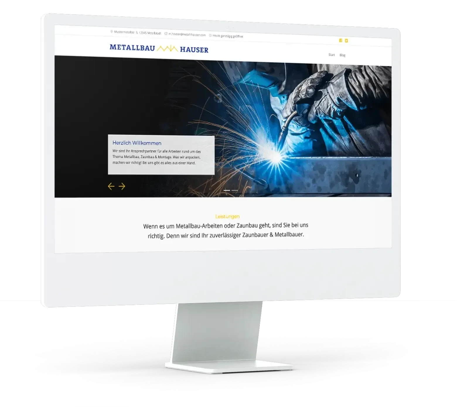 Screenshot der Webseite von Metallbau Hauser mit Schweißarbeiten im Headerbild