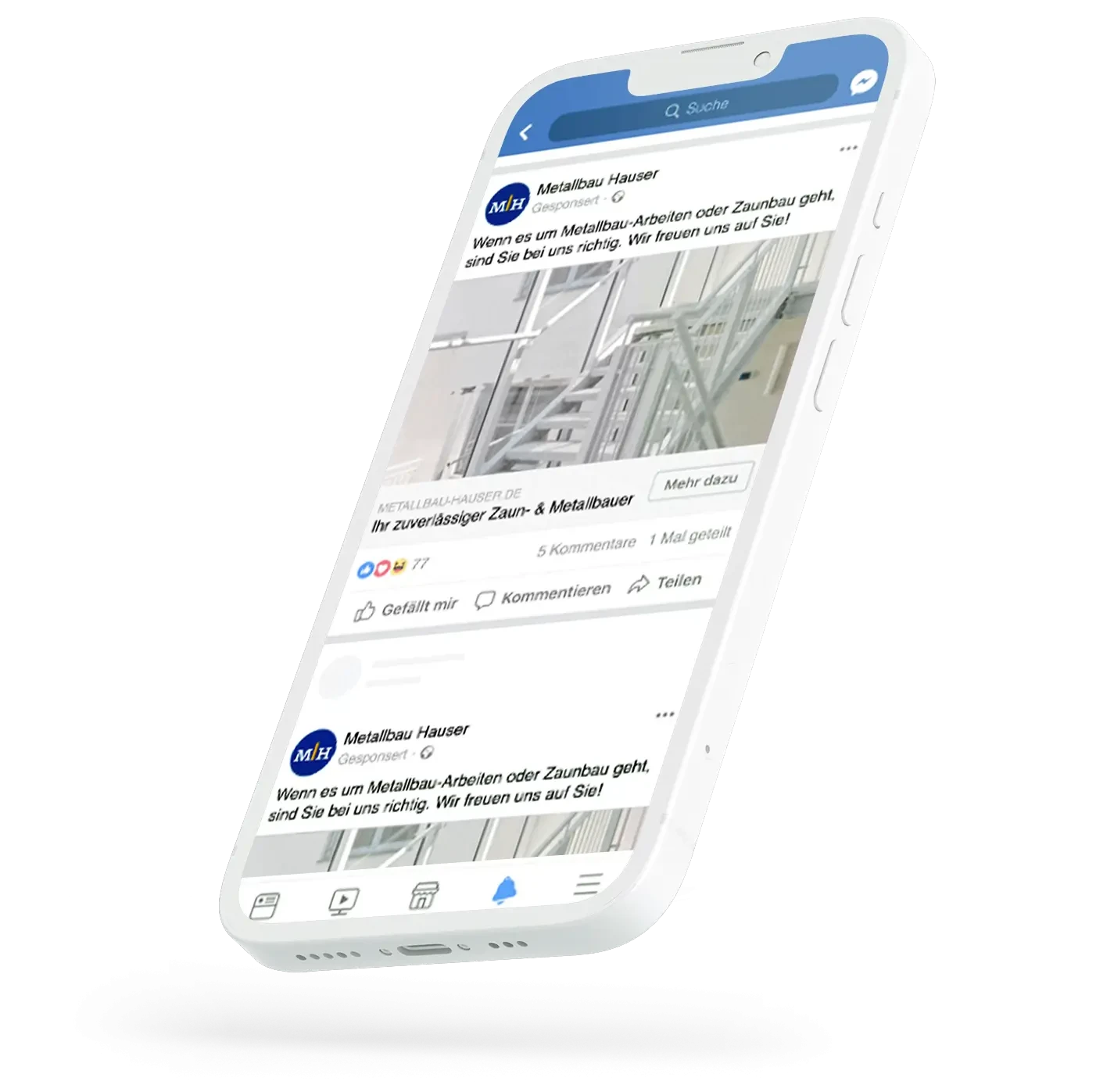 Online-Ads Beispiel auf Smartphone – gespiegelt, Social Media Anzeige von Metallbau Hauser