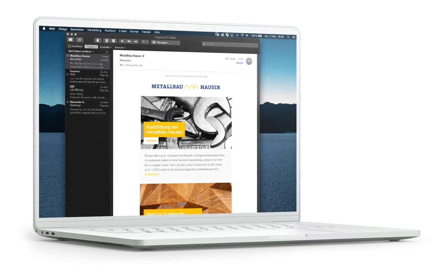 Newsletter von Metallbau Hauser auf einem Laptop-Display, schmale und gespiegelte Ansicht