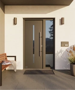 Moderne Haus- und Eingangstür Thermo 65 in elegantem Design vor einem Einfamilienhaus