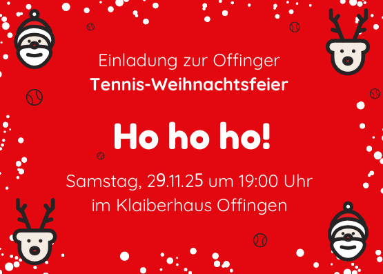 Einladung zur Offinger Tennis-Weihnachtsfeier 2025 am 29.11.25 um 19:00 Uhr im Klaiberhaus Offingen, rotes Design mit Schneeflocken und Tennisbällen.